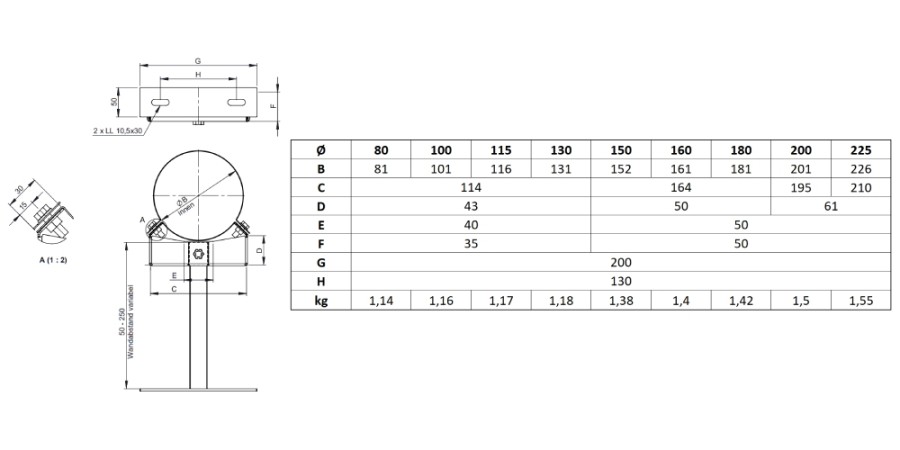 Vorschau: Wandabstandshalter verstellbar 50 - 250 mm für Jeremias DW-FU und DW-Silver