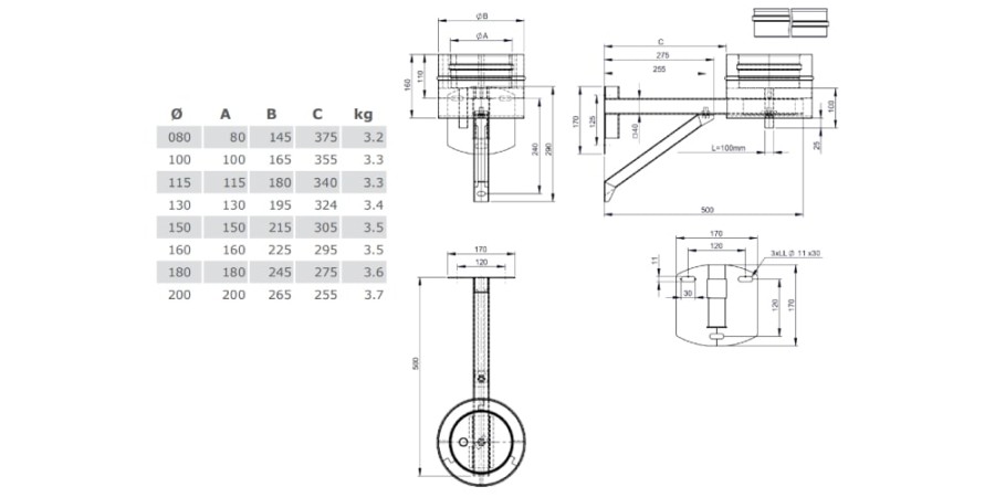 Vorschau: Grundplatte rund mit Kondensatablauf unten und Halterung verstellbar bis 200 mm - Jeremias DW-FU